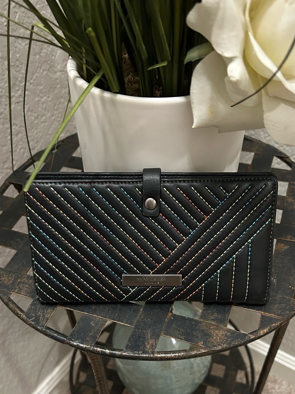 Kurt Geiger Black Quilted Wallet with Multicolor Stitching